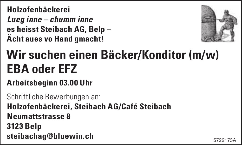 Bäcker/Konditor (m/w) EBA oder EFZ, Steibach AG, Belp, gesucht