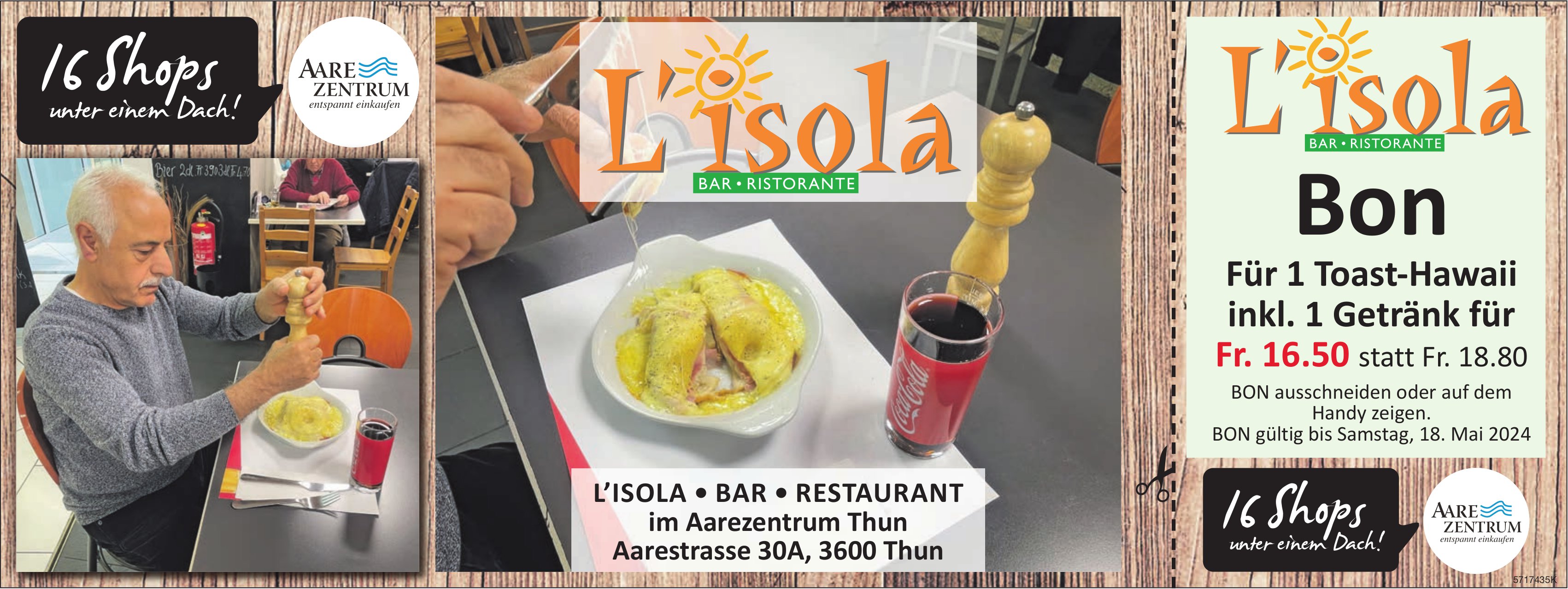 L'Isola, Bar,  Ristorante, Thun - Bon für 1 Toast­ Hawaii inkl.1 Getränk für Fr. 16.50 statt Fr. 18.80