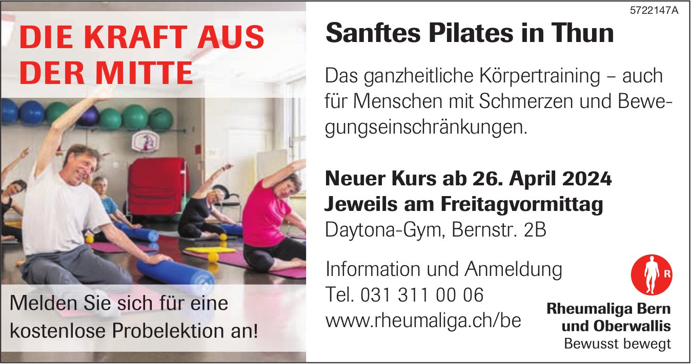 Rheumaliga Bern und Oberwallis, Sanftes Pilates in Thun - Neuer Kurs ab 26. April 2024 Jeweils am Freitagvormittag