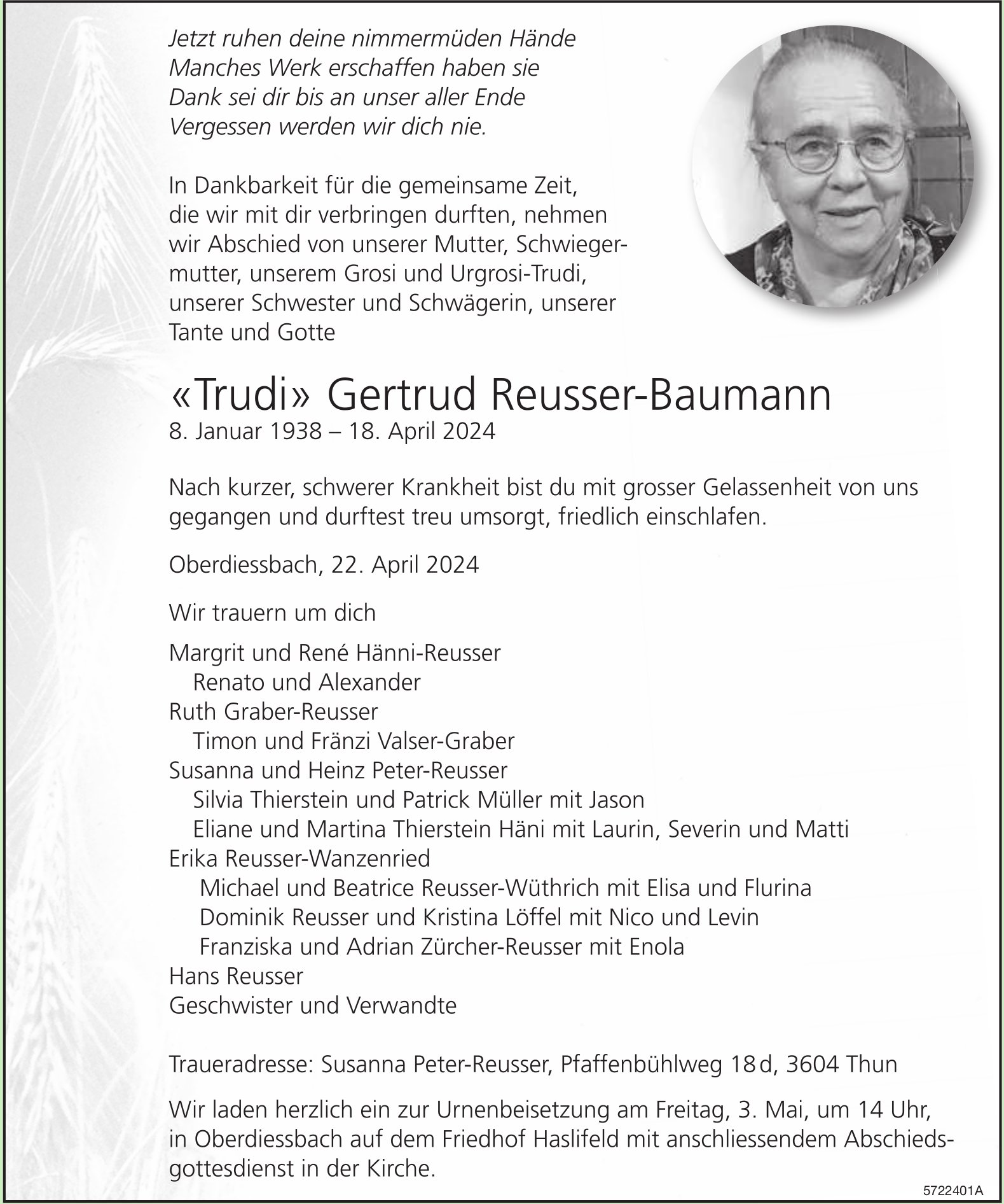 Reusser-Baumann «Trudi» Gertrud, April 2024 / TA