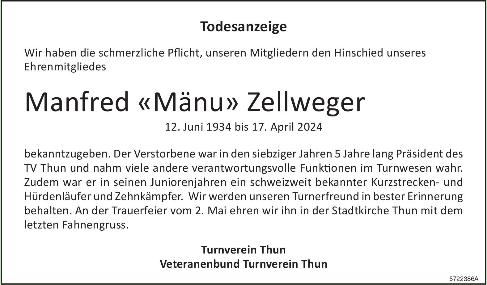 Zellweger Manfred «Mänu», April 2024 / TA