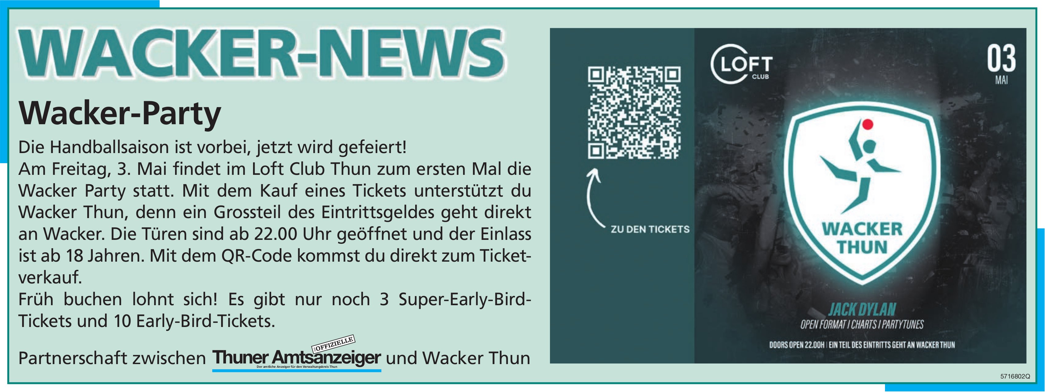 Wacker-News: Wacker-Party, 3. Mai, Thuner Amtsanzeiger / Wacker Thun