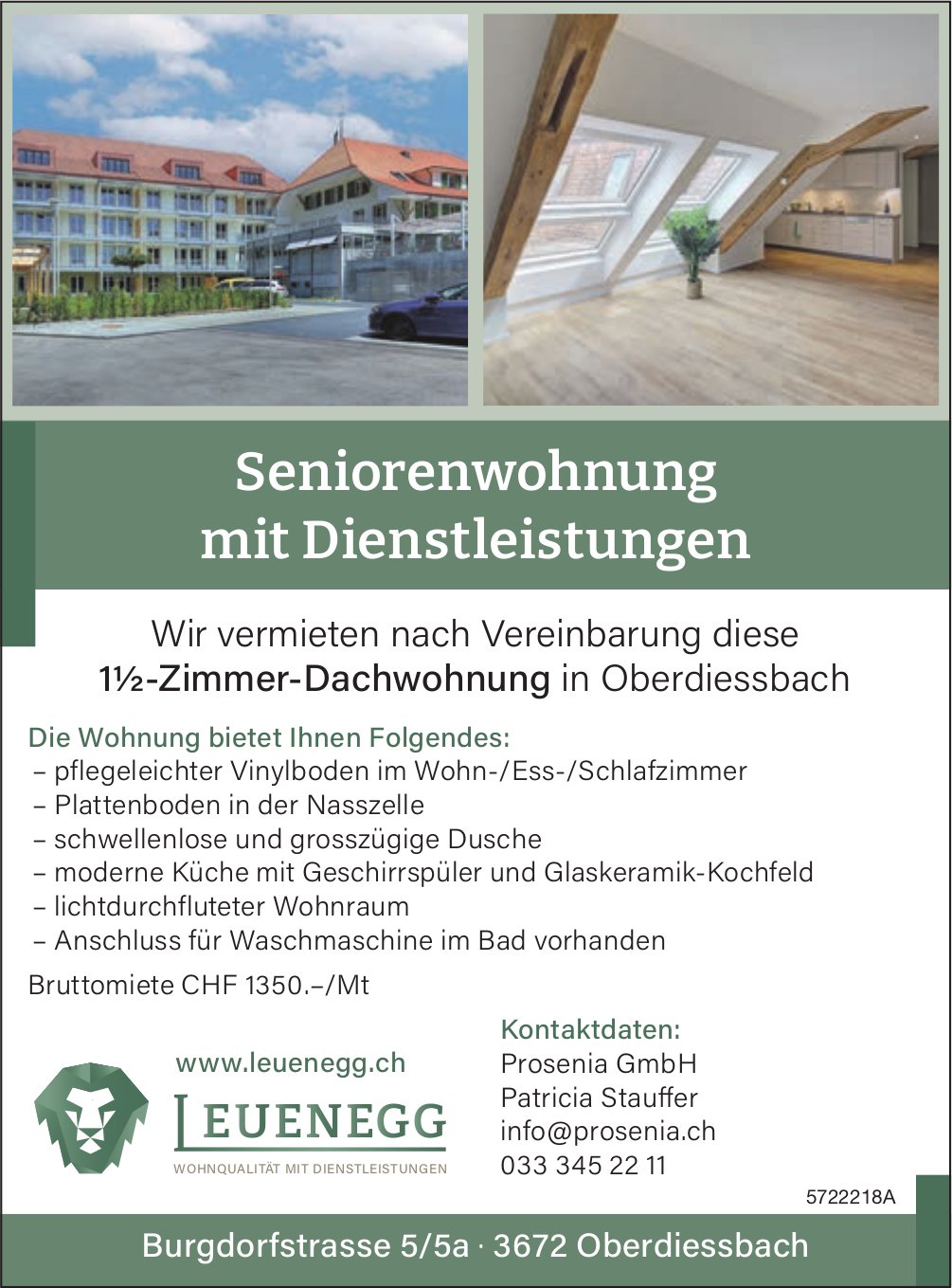 Seniorenwohnung mit Dienstleistungen, 1½-Zimmer-Dachwohnung, Oberdiessbach, zu vermieten