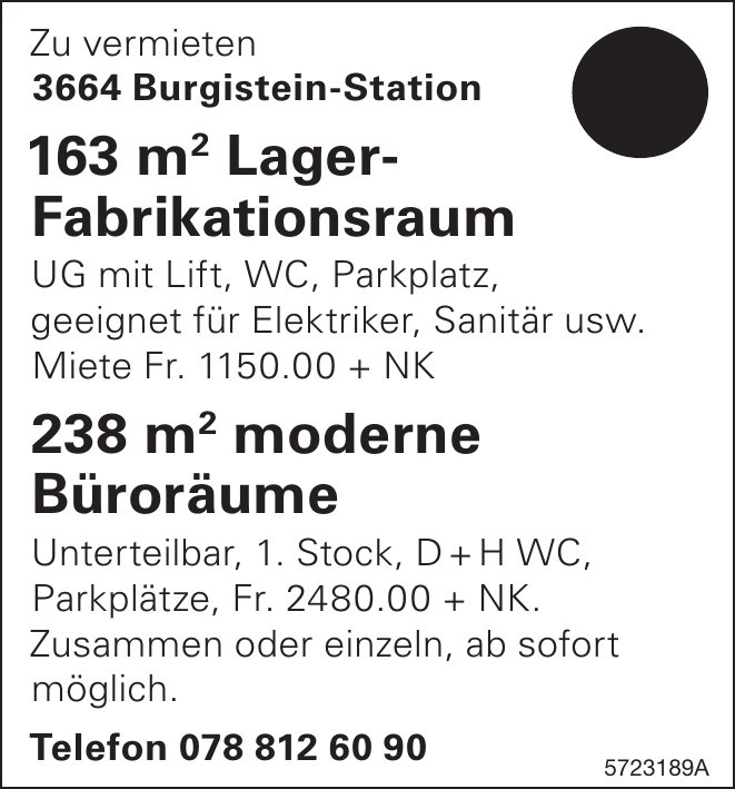 163 m² Lager-Fabrikationsraum & 238 m² moderne Büroräume, Burgistein-Station, zu vermieten