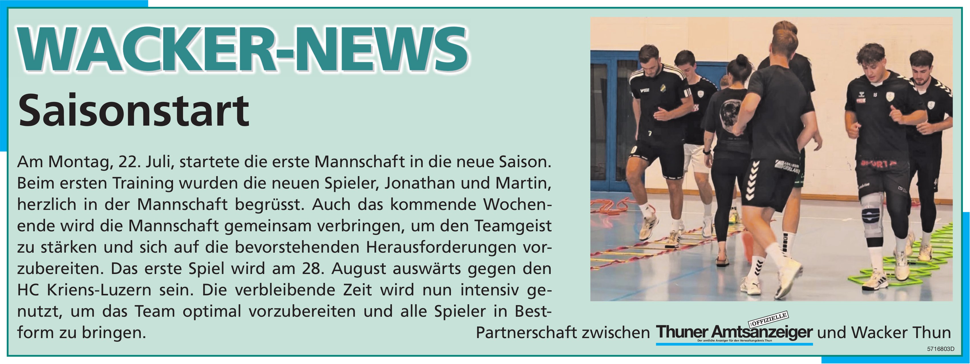 Thuner Amtsanzeiger / Wacker Thun, Wacker-News: Saisonstart