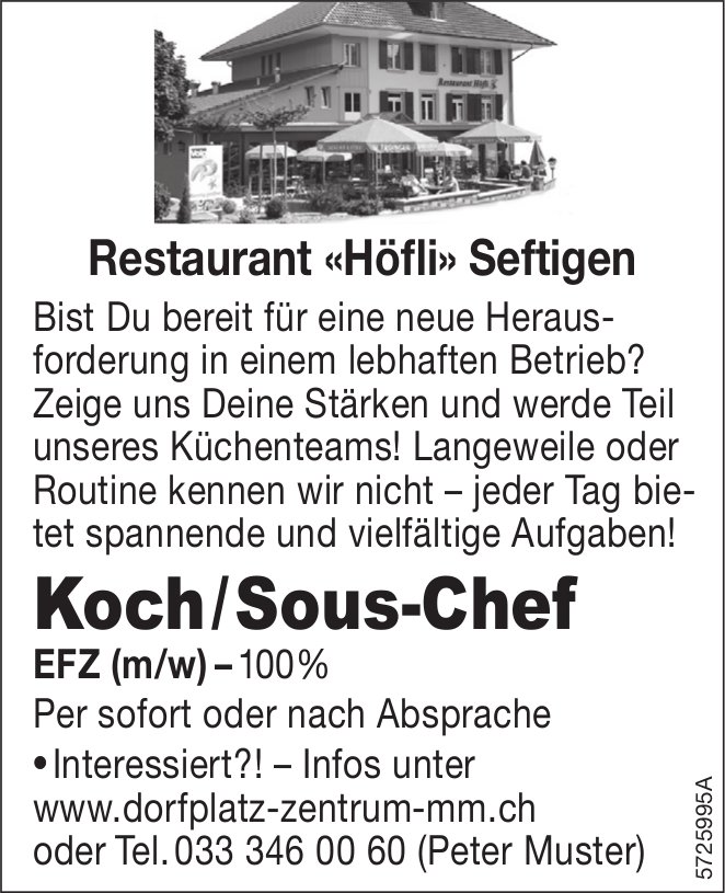 Koch/Sous-Chef EFZ (m/w)–100%, Restaurant «Höfli» Seftigen, gesucht