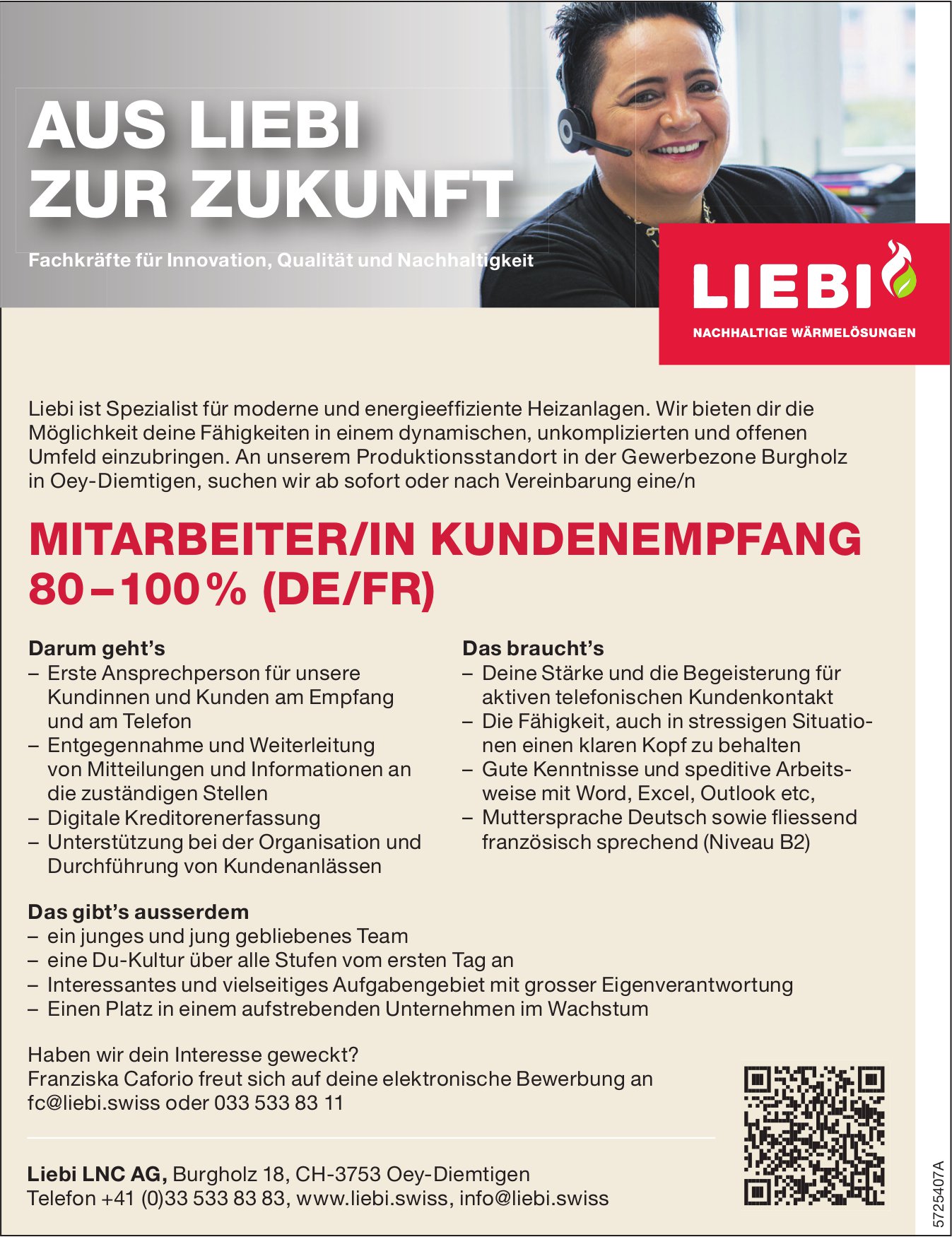 Mitarbeiter/In Kundenempfang 80–100% (DE/FR), Liebi LNC AG, Oey-Diemtigen, gesucht