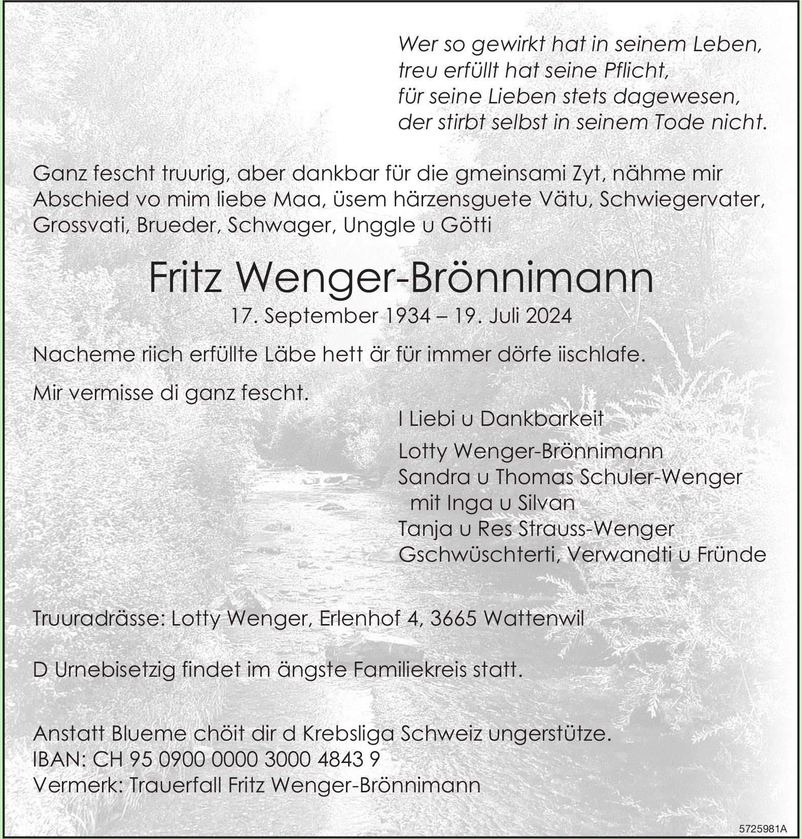 Wenger-Brönnimann Fritz, Juli 2024 / TA