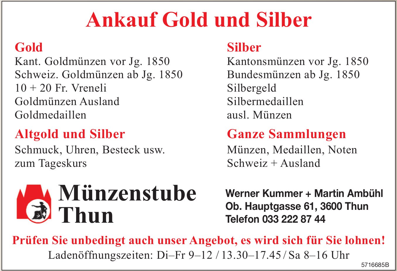 Münzenstube, Thun - Ankauf Gold und Silber