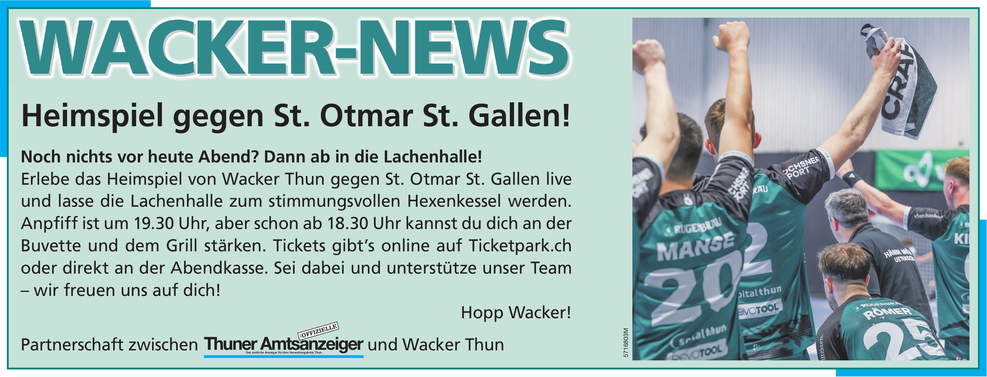 Thuner Amtsanzeiger / Wacker Thun, Wacker-News: Heimspiel gegen St. Otmar St. Gallen!