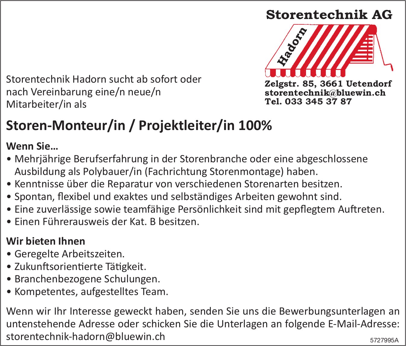 Storen-Monteur/in / Projektleiter/in 100%, Storentechnik AG, Uetendorf, gesucht