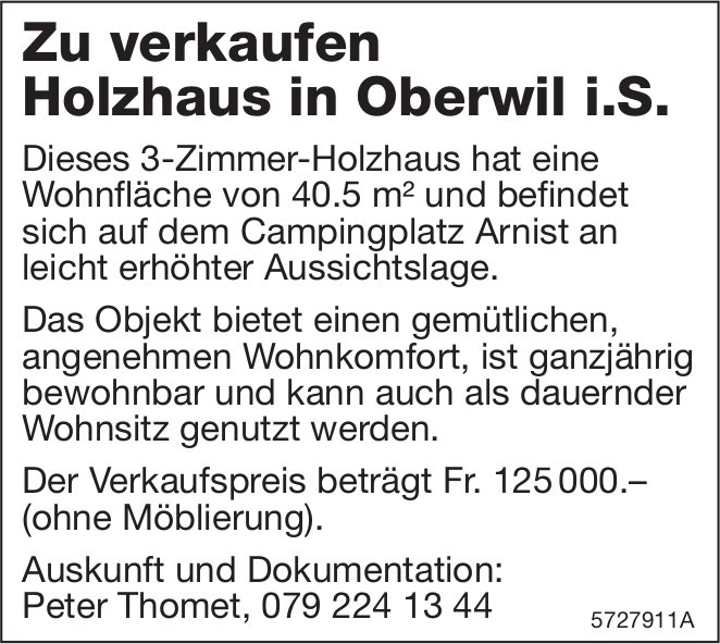 Holzhaus in Oberwil i.S., 3-Zimmer, zu verkaufen