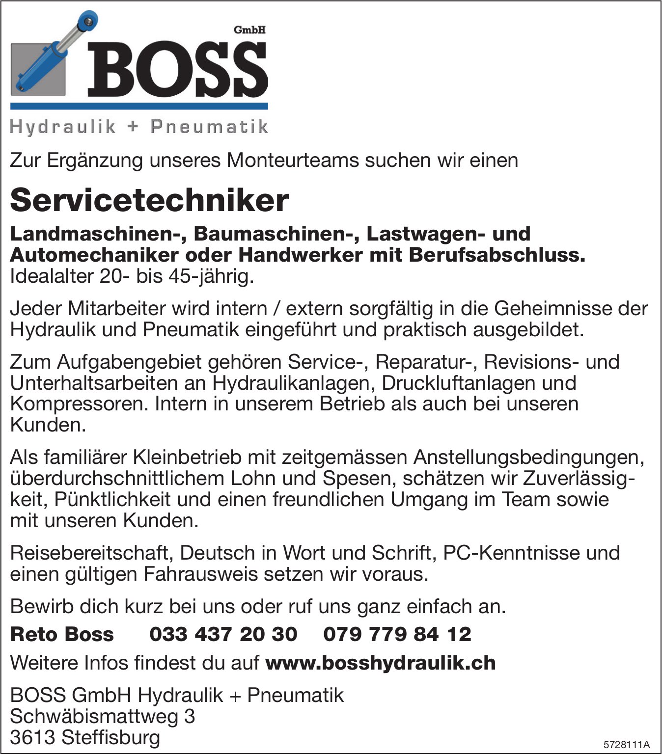 Servicetechniker, BOSS GmbH Boss GmbH Hydraulik + Pneumatik, Steffisburg, gesucht