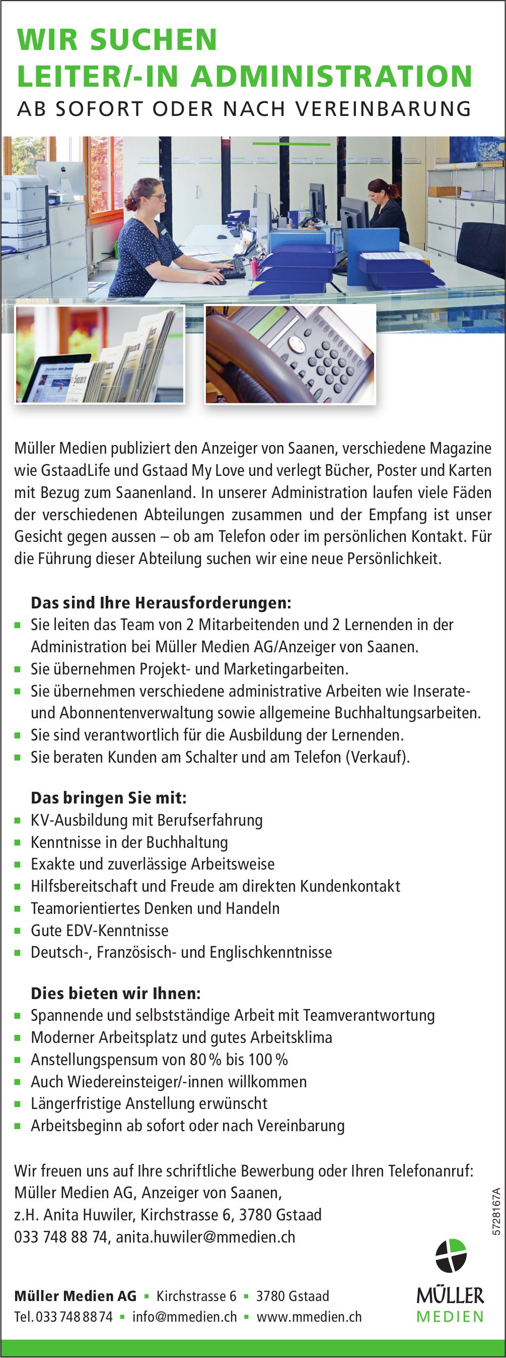 Leiter/-In Administration, Müller Medien AG, Gstaad, gesucht