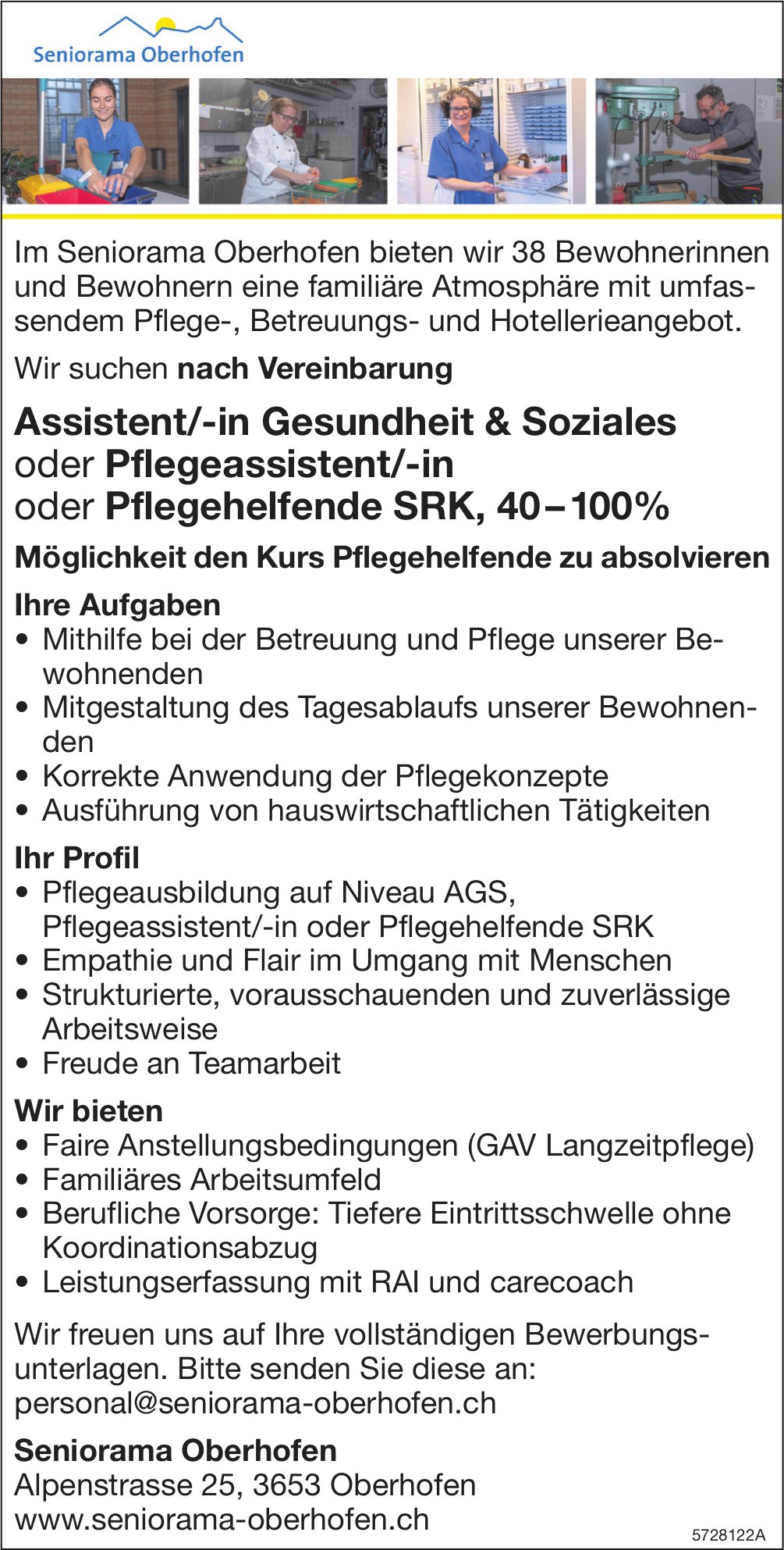 Assistent/-in Gesundheit & Soziales oder Pflegeassistent/-in oder Pflegehelfende SRK, 40 – 100%, Seniorama Oberhofen, gesucht