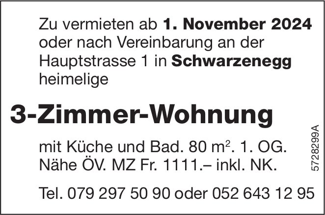 3-Zimmer-Wohnung, Schwarzenegg, zu vermieten