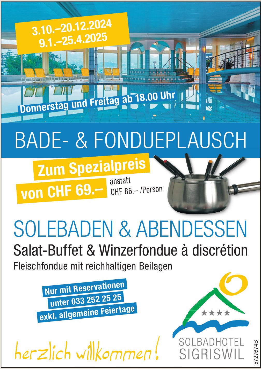 Solbadhotel, Sigriswil - Bade- & Fondueplausch, Solebaden & Abendessen