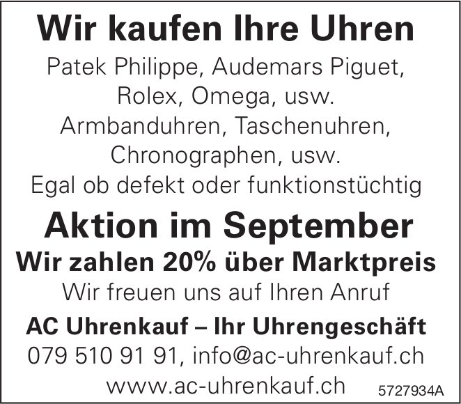 AC Uhrenkauf - Wir kaufen Ihre Uhren - Aktion im September