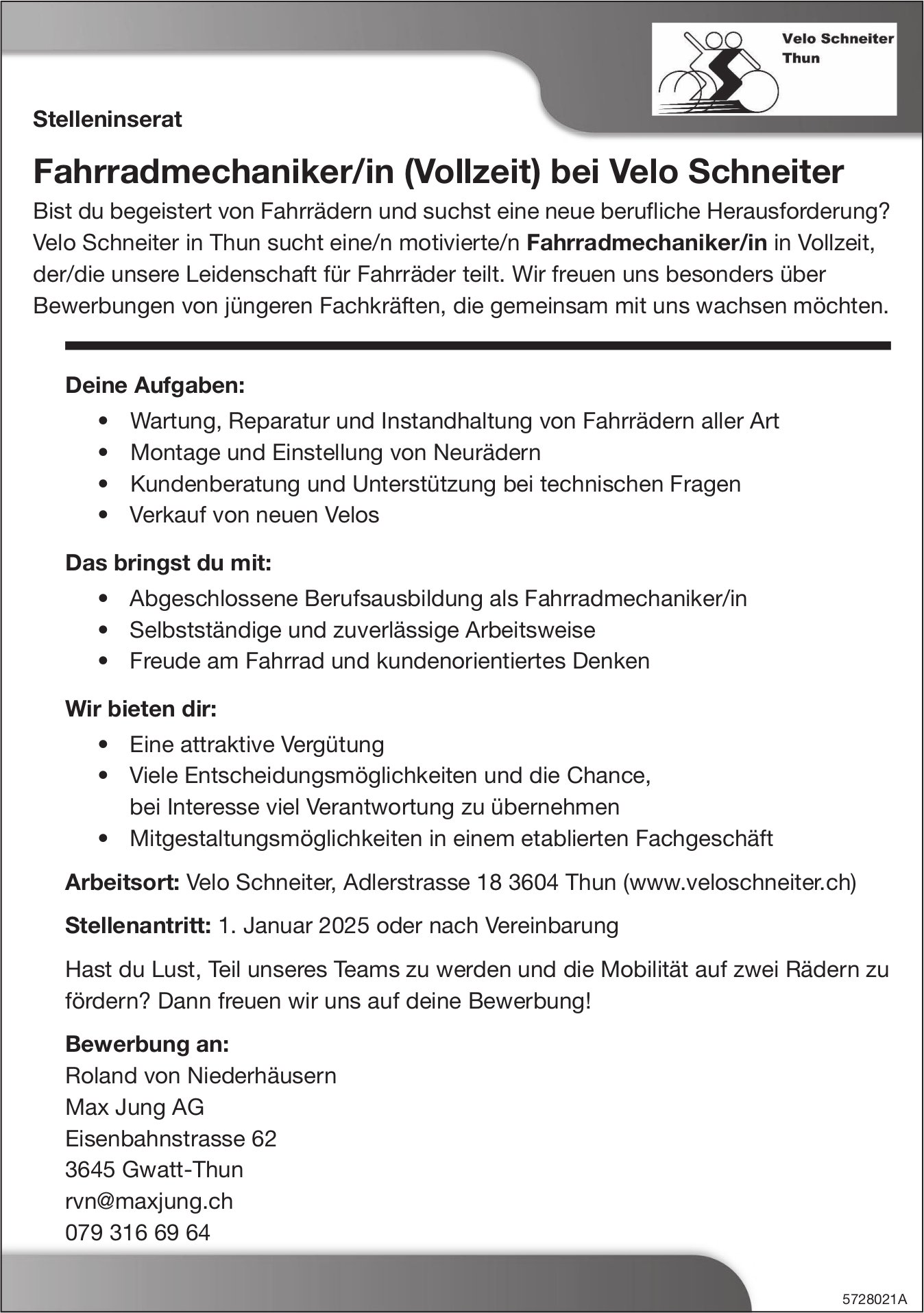 Fahrradmechaniker/in (Vollzeit) bei Velo Schneiter, Max Jung AG, Thun, gesucht