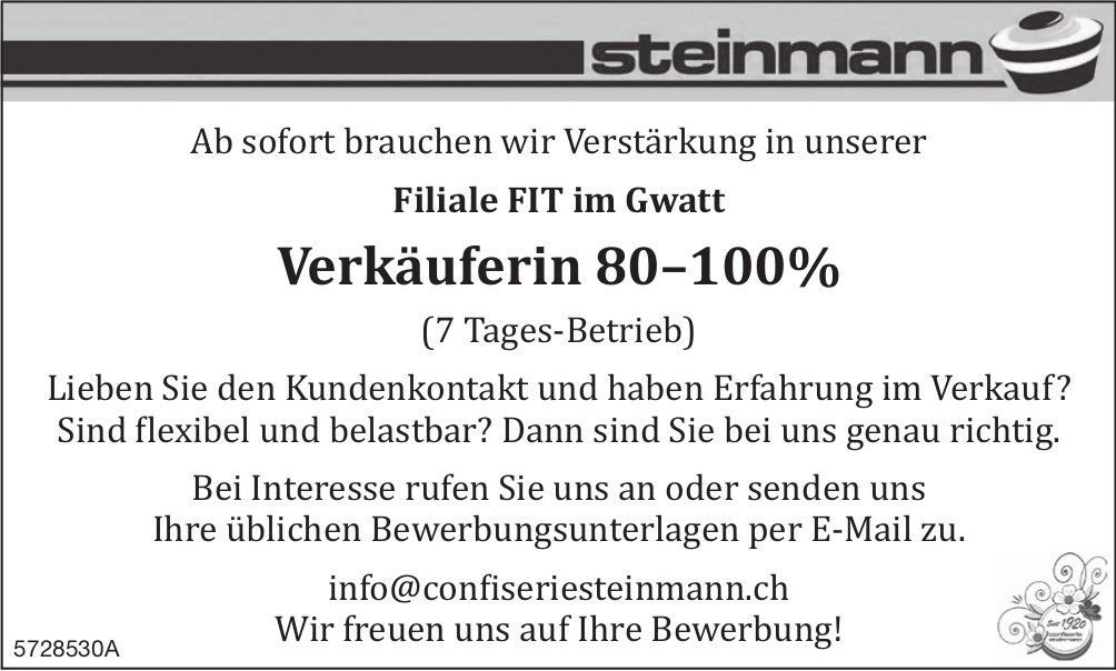 Verkäuferin 80 –100%, Confiserie Steinmann, Gwatt, gesucht