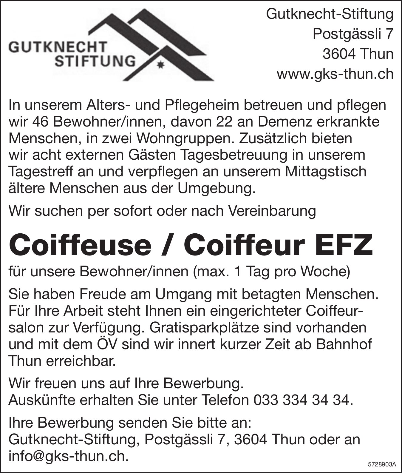 Coiffeuse / Coiffeur EFZ, Gutknecht-Stiftung, Thun, gesucht