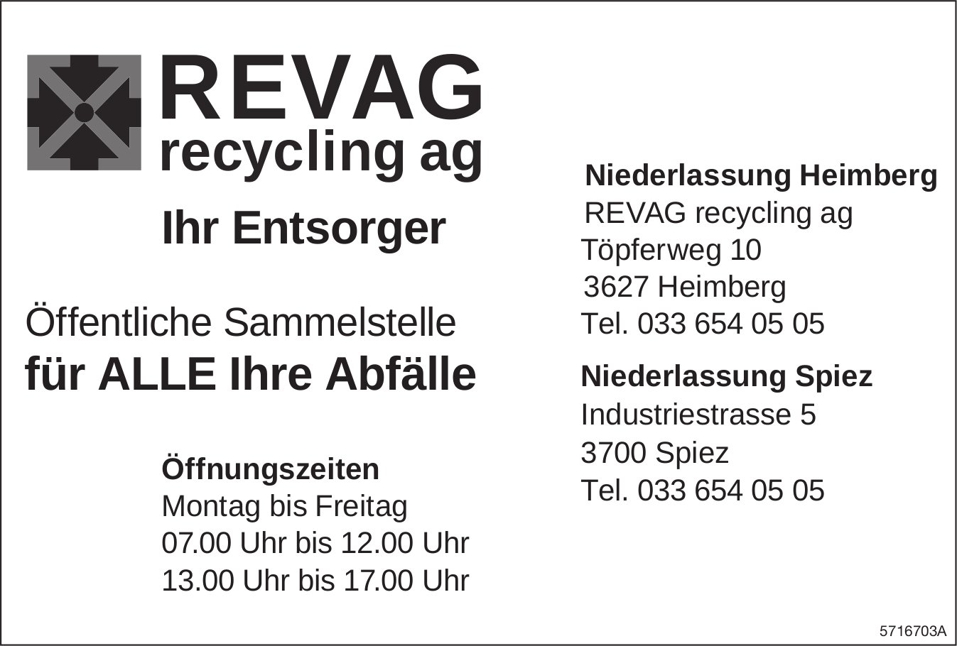 REVAG recycling AG, Heimberg / Spiez - Ihr Entsorger für ALLE Ihre Abfälle