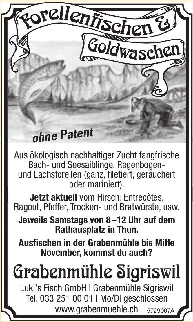 Grabenmühle Sigriswil, Forellenfischen + Goldwaschen ohne Patent