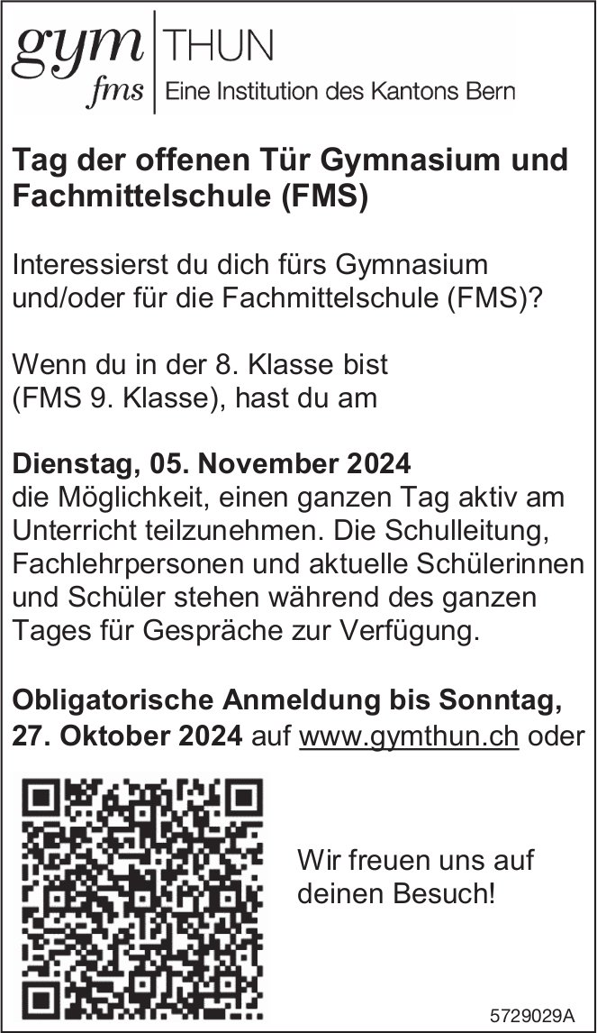 Tag der offenen Tür Gymnasium und Fachmittelschule (FMS), 5. November, Gym fms Thun