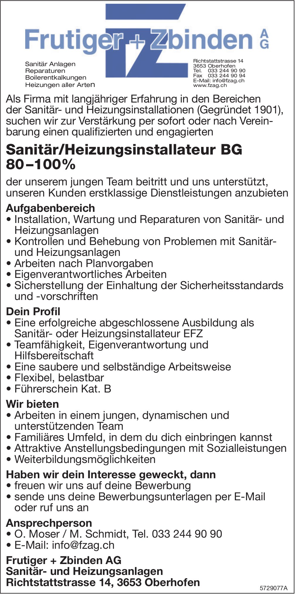 Sanitär/Heizungsinstallateur BG 80 –100%, Frutiger + Zbinden AG, Oberhofen, gesucht