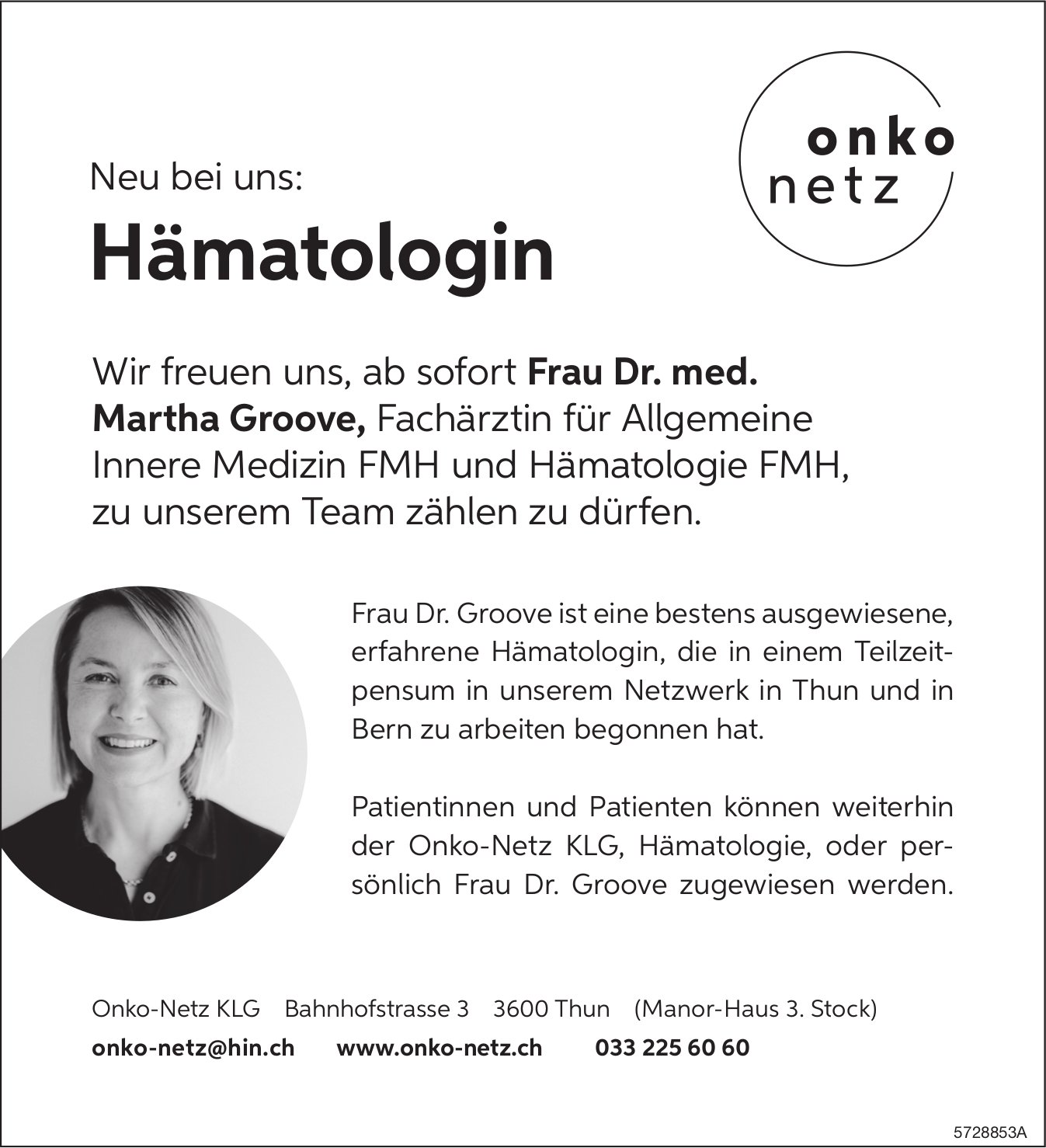 Onko-Netz KLG, Thun - Neu bei uns: Hämatologin Frau Dr. med. Martha Groove