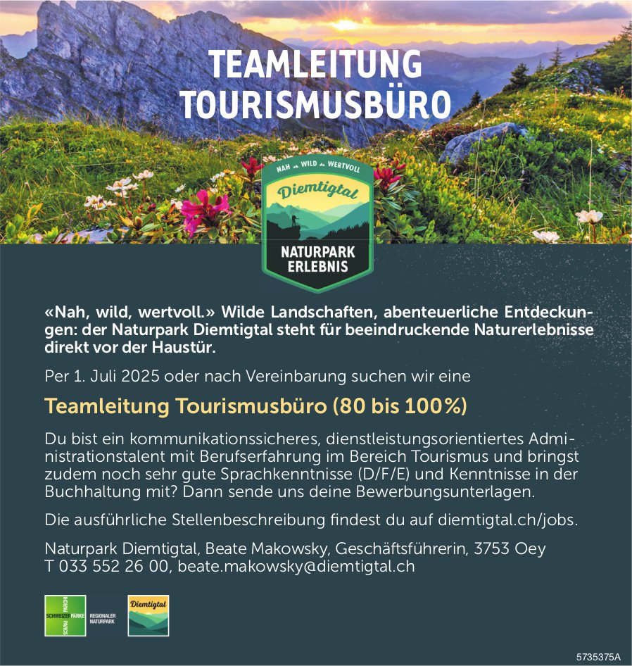 Teamleitung Tourismusbüro (80 bis 100%), Naturpark Diemtigtal, Oey, gesucht