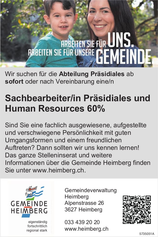 Sachbearbeiter/in Präsidiales und Human Resources 60%, Gemeinde Heimberg, gesucht