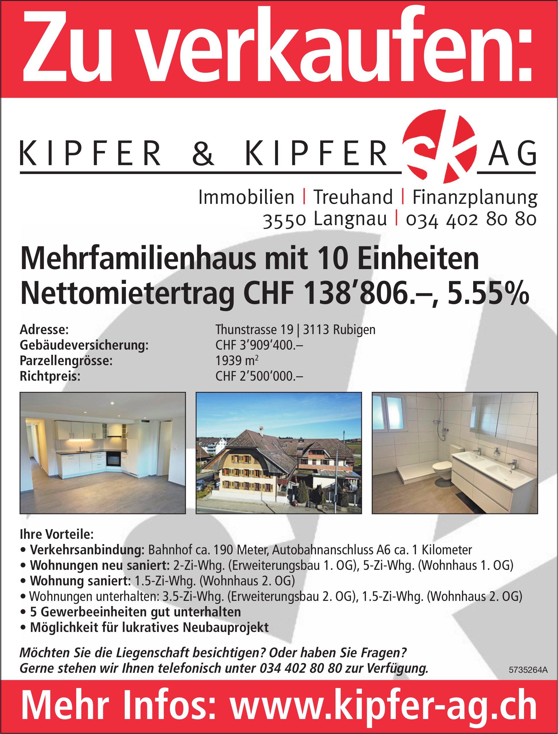 Mehrfamilienhaus mit 10 Einheiten, Rubigen, zu verkaufen