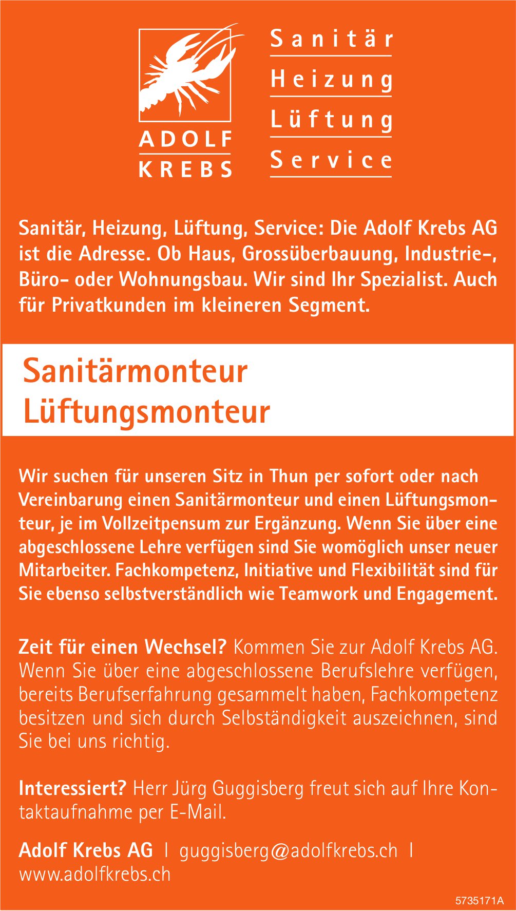 Sanitärmonteur, Lüftungsmonteur, Adolf Krebs AG, Thun,  gesucht