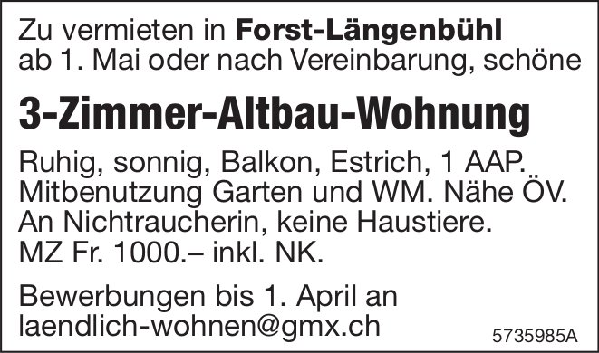 3-Zimmer-Altbau-Wohnung, Forst-Längenbühl, zu vermieten