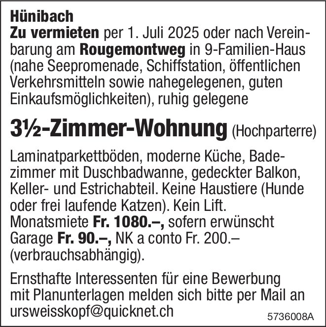 3½-Zimmer-Wohnung (Hochparterre), Hünibach, zu vermieten