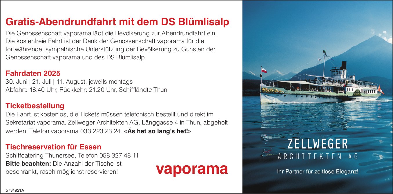 Gratis-Abendrundfahrt mit dem Ds Blümlisalp, 30. Juni, 21. Juli und 11. August Schiffländte, Thun