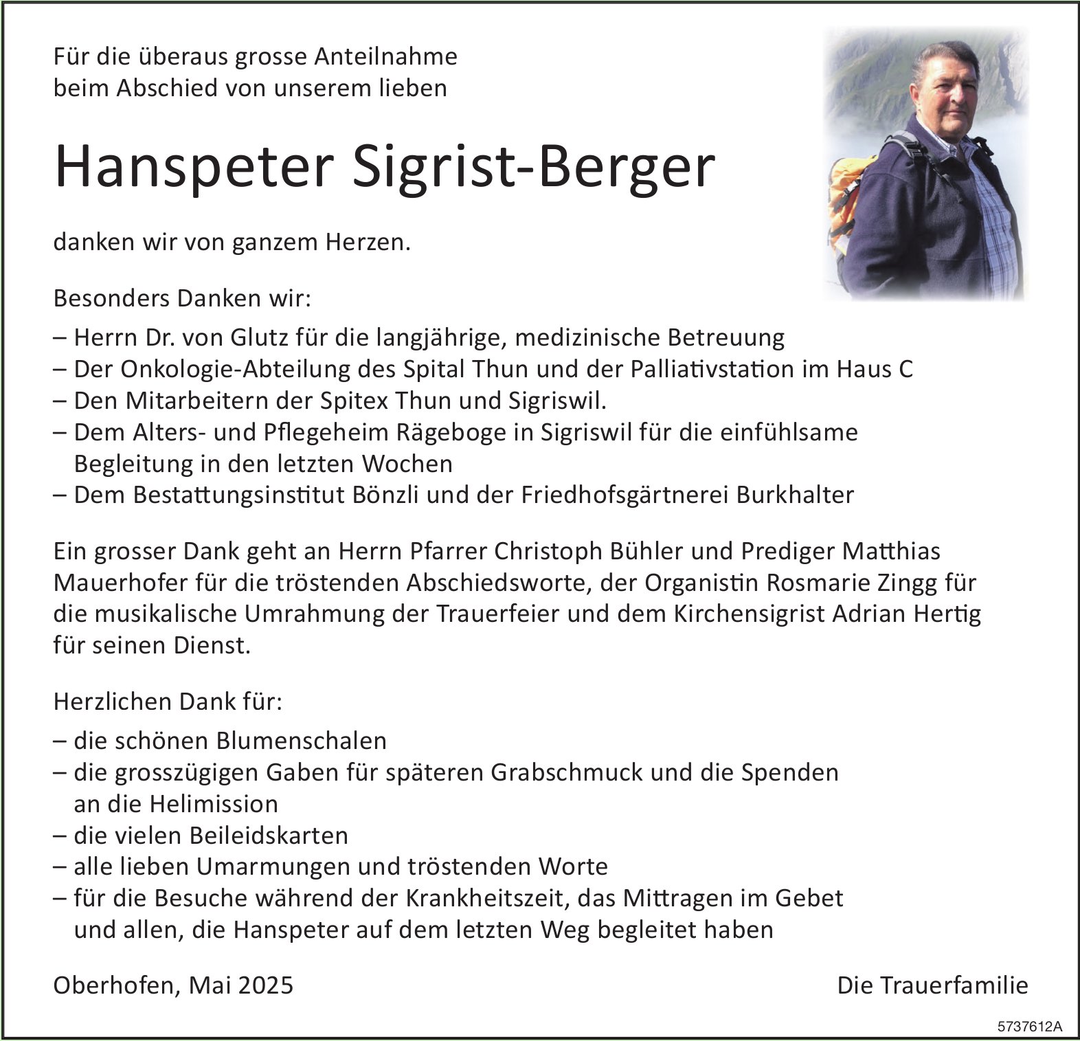 Sigrist-Berger Hanspeter, im Mai 2025 / DS