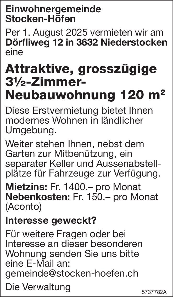 3.5-Zimmer-Neubauwohnung 120 m2, Stocken-Höfen, zu vermieten