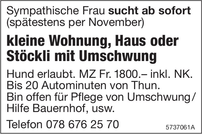 Kleine Wohnung, Haus oder Stöckli, Umgebung Thun,  zu mieten gesucht