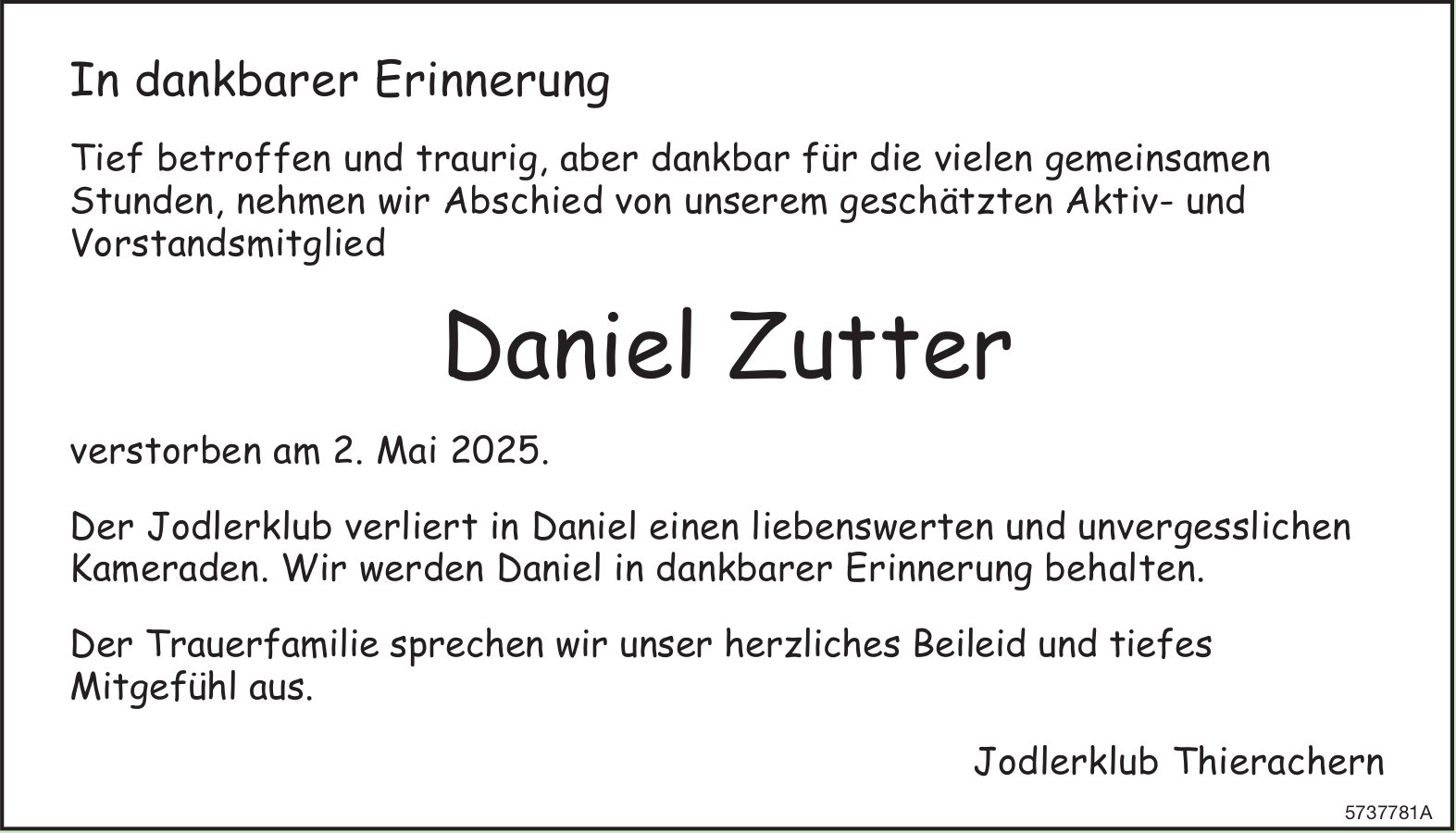 Zutter Daniel, Mai 2025 / TA