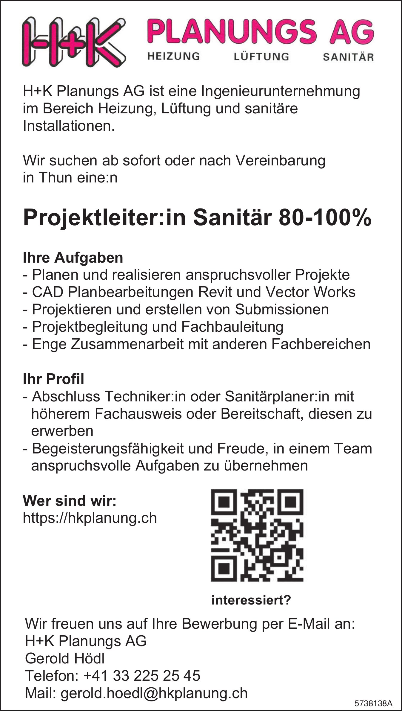Proiektleiter:in Sanitär 80-100%, H+K Planungs AG, Thun, gesucht