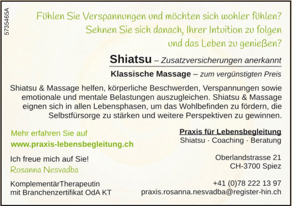 Praxis für Lebensbegleitung, Spiez - Shiatsu