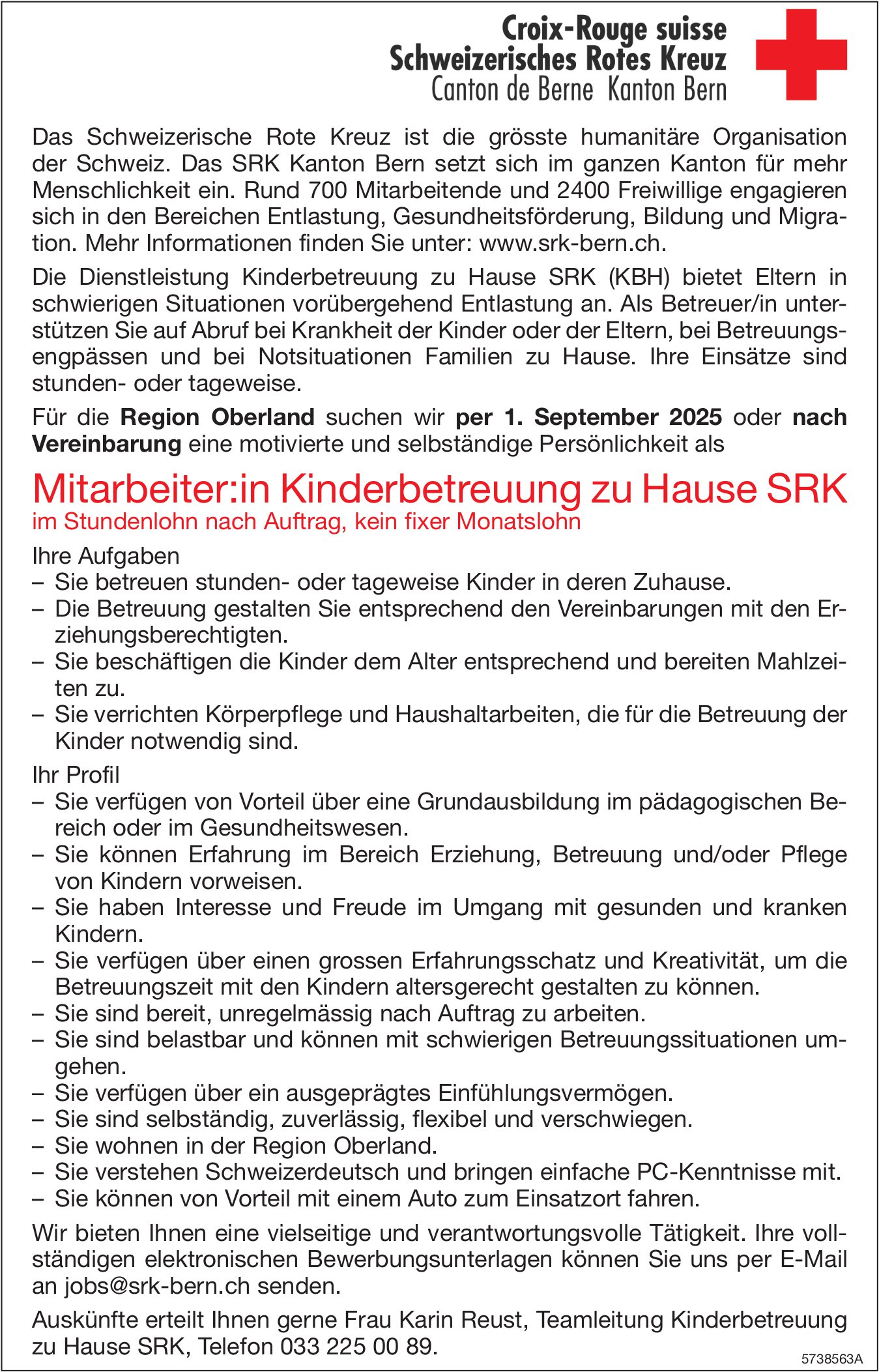 Mitarbeiter:in Kinderbetreuung zu Hause SRK, Schweizerisches Rotes Kreuz, Region Oberland, gesucht