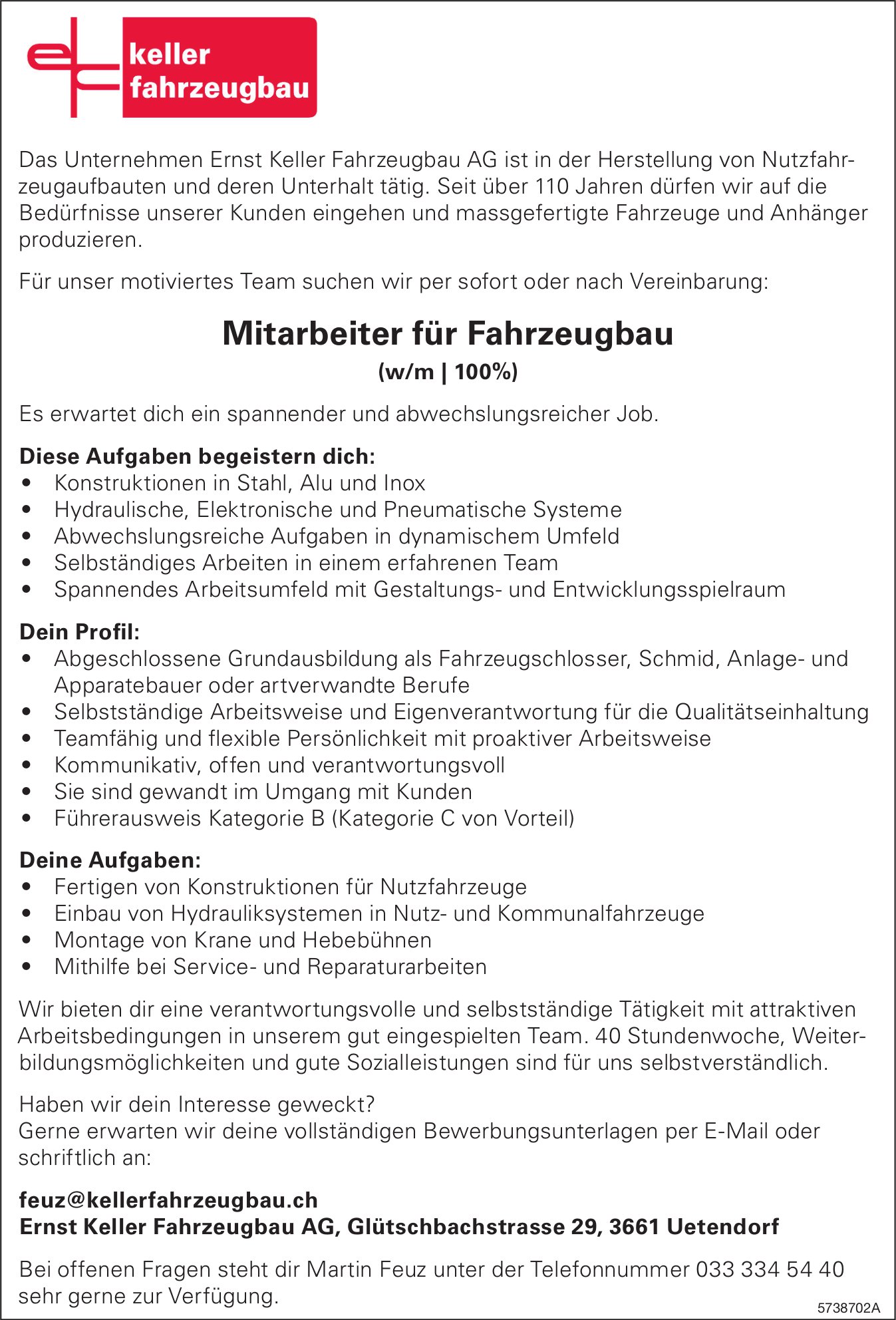 Mitarbeiter für Fahrzeugbau w/m 100%, Keller Fahrzeugbau AG, Uetendorf, gesucht