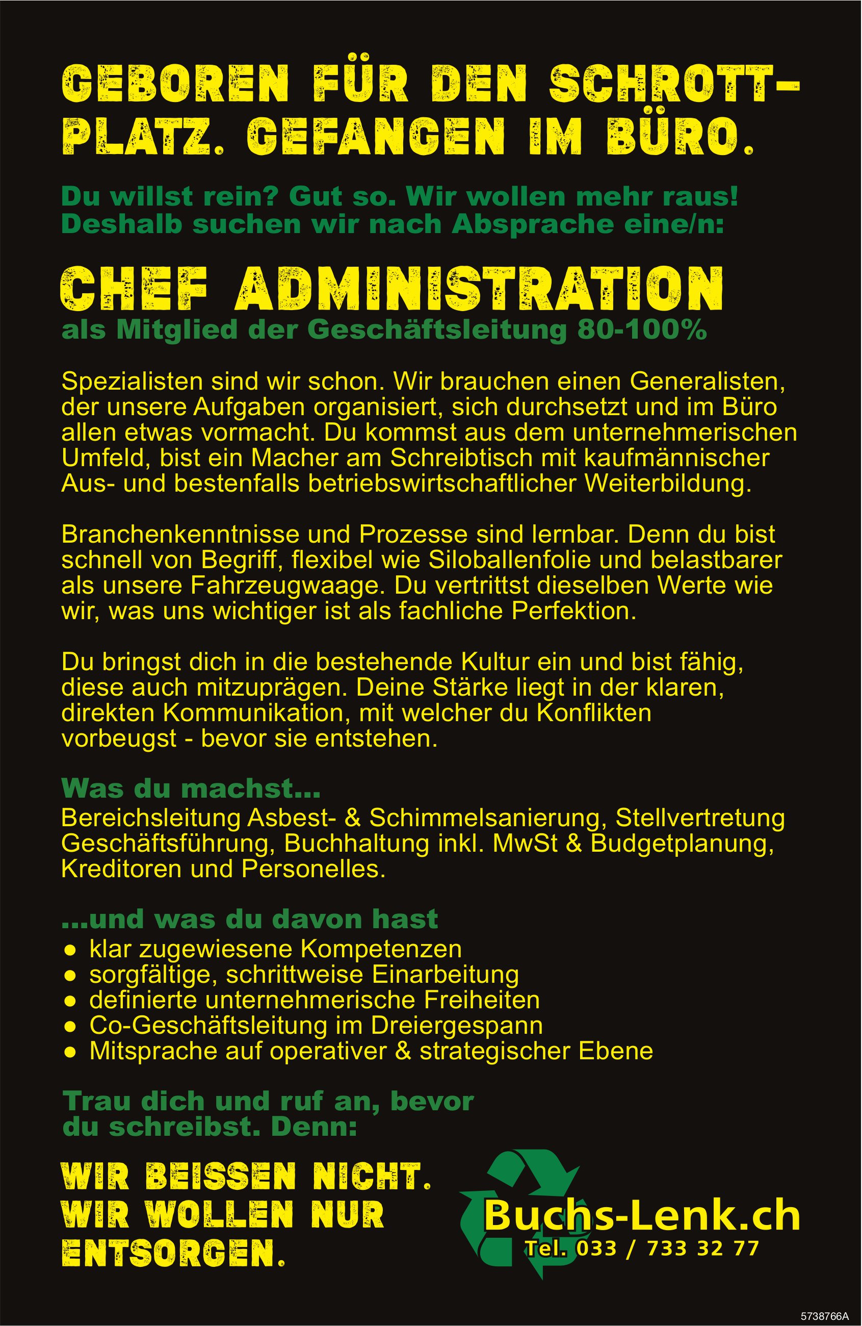 Chef Administration 80-100%, Buchs, Lenk, gesucht