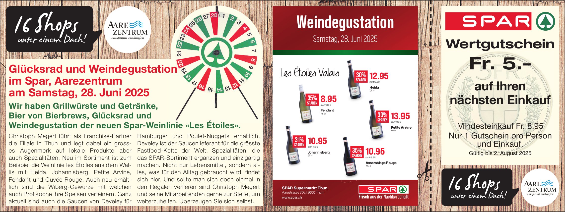 Glücksrad und Weindegustation, 28. Juni, Spar Aare Zentrum, Thun