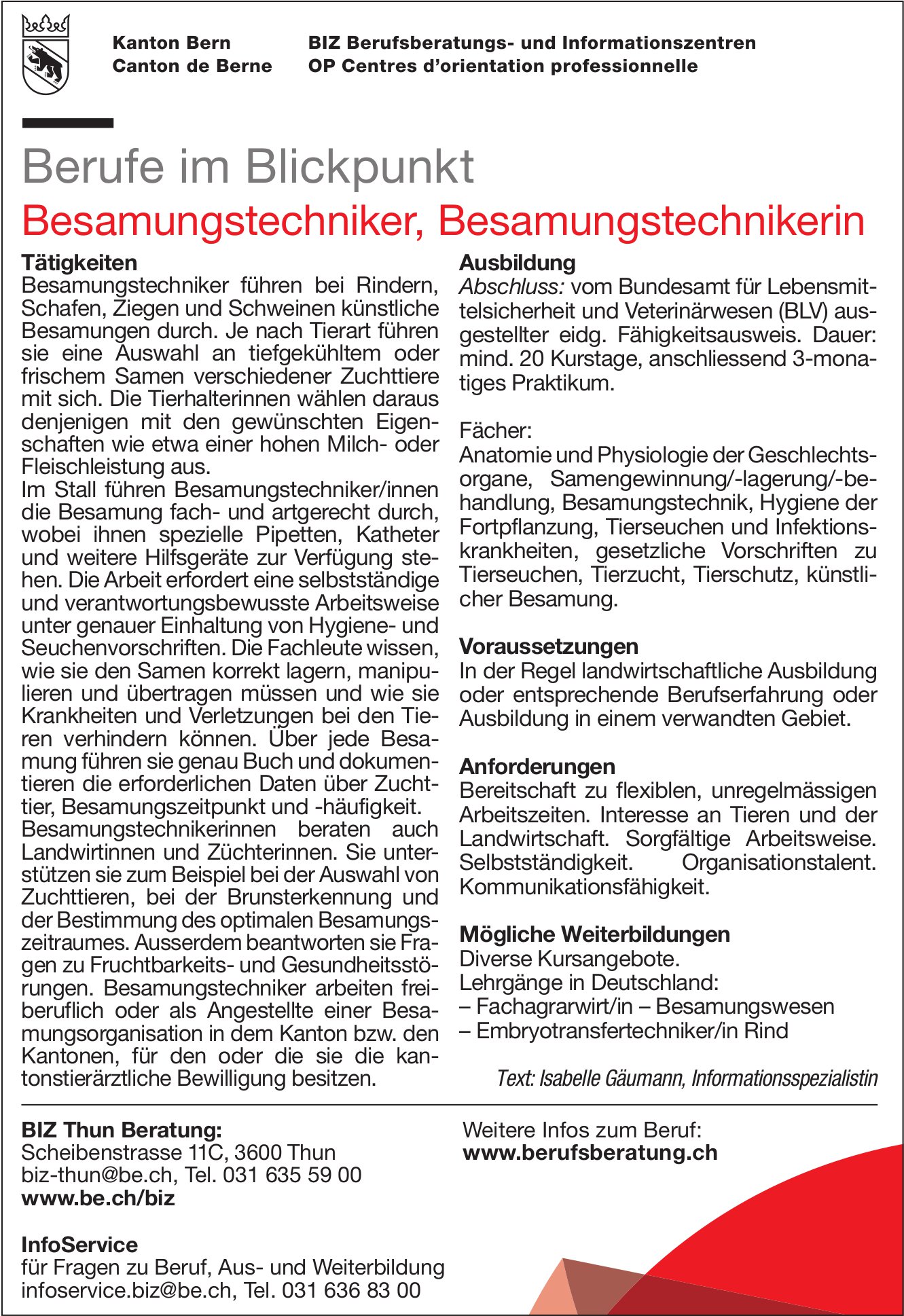 Besamungstechniker, Besamungstechnikerin, BIZ Berufsberatungs- und Informationszentren, Thun,  gesucht