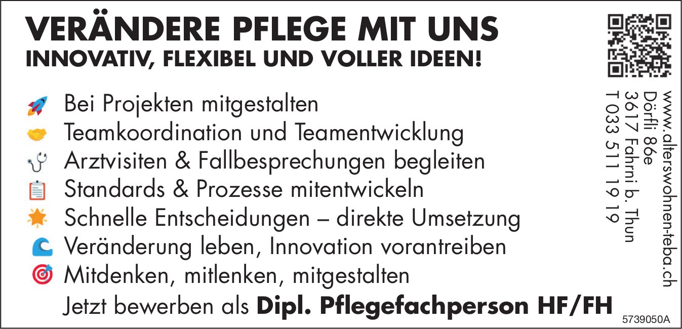 Dipl. Pflegefachperson HF/FH, Alterswohnen Teba, Fahrni b. Thun, gesucht