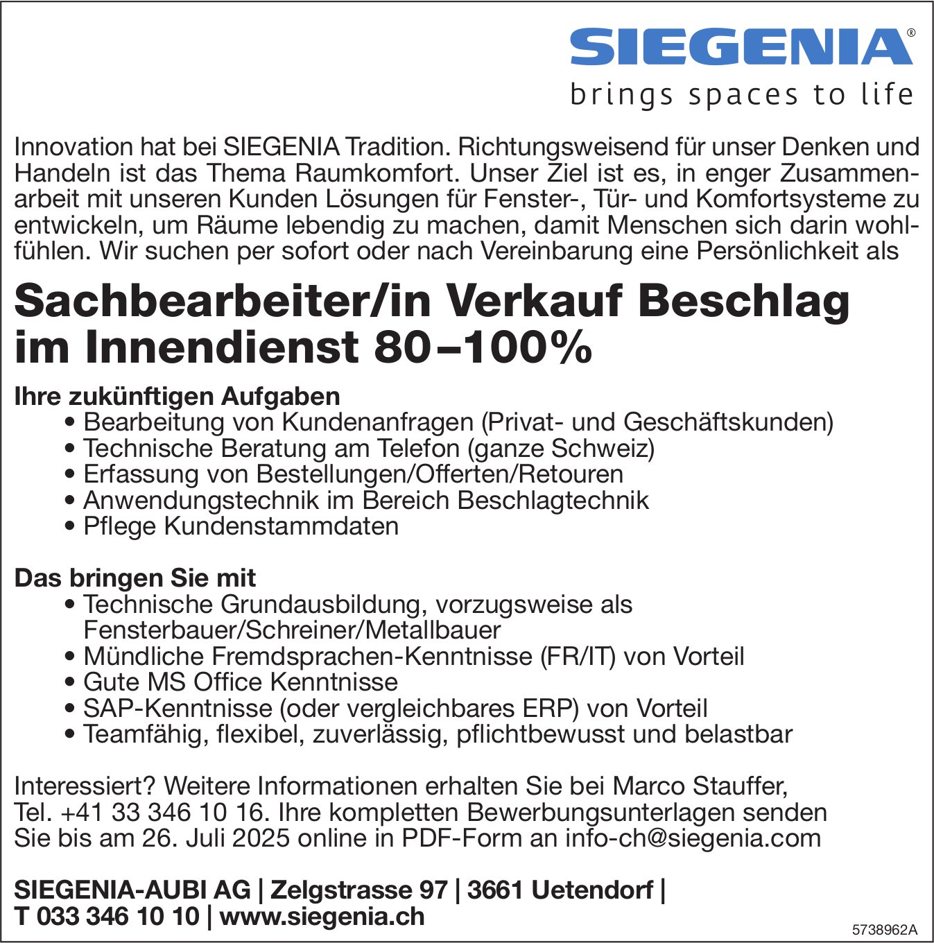 Sachbearbeiter/in Verkauf Beschlag im Innendienst 80-100%, Siegenia-Aubi AG, Uetendorf, gesucht